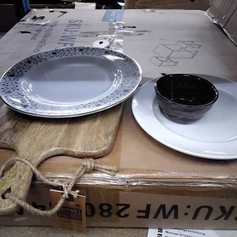 4 BOXES OF APPROXIMATELY 25 ASSORTED ITEMS INCLUDING GOURMET DOUBLE HANDED MANGO BOARD, PORLAND CERAMIC PLATE WITH FLOWER DESIGN, REVOL PURPLE SMALL BOWL, CERAMIC WHITE PLATE
