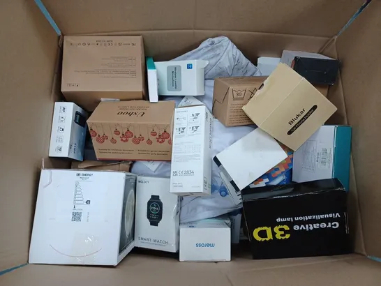 BOX OF APPROX 25 ASSORTED ITEMS TO INCLUDE - J35 BLUETOOTH RECIVER - MOLOCY SMART WATCH - SMART WI-FI PLUG MINI ECT 