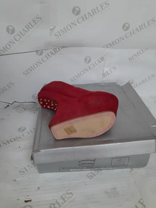 BOXED PAIR OF CASANDRA PLATFORM ANKLE HEEL IN RED SUEDE WITH GOLD STUD DETAIL SIZE 4