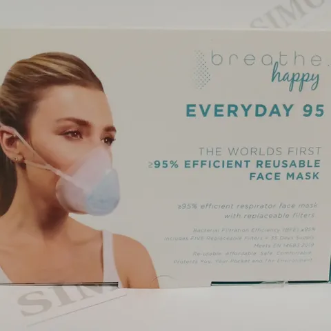 BOX OF APPROXIMATELY 18 BOXES OF BREATHE HAPPY EVERYDAY 95 REUSABLE FACE MASKS