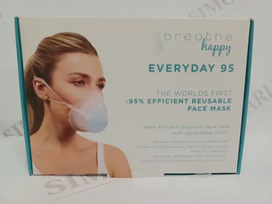 BOX OF APPROXIMATELY 18 BOXES OF BREATHE HAPPY EVERYDAY 95 REUSABLE FACE MASKS