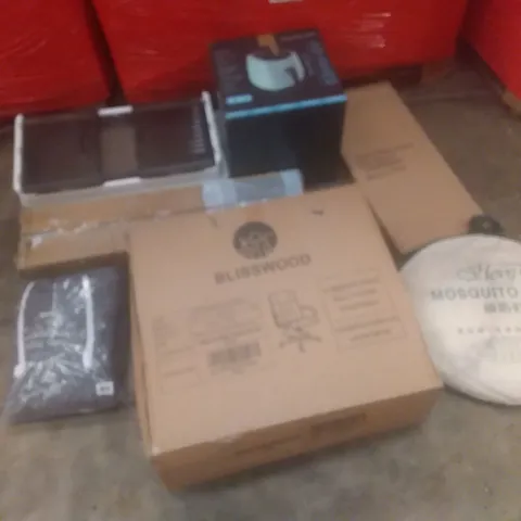 PALLET OF ASSORTED ITEMS TO INCLUDE: BLISSWOOD OFFICE CHAIR, MOSQUITO NET, SMARTSOLARA AIR FRYER, LED MAKEUO MIRROR ETC