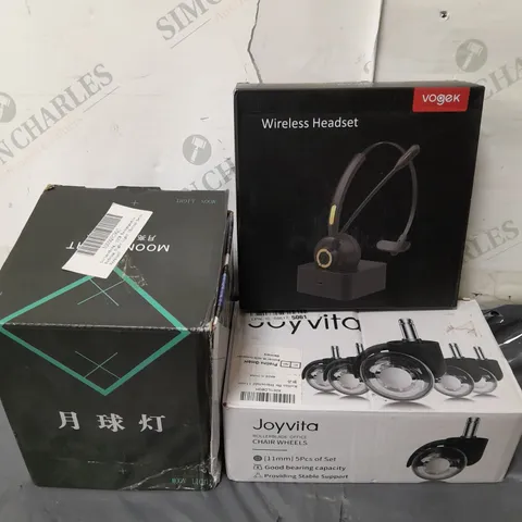 BOX OF ASSORTED ITEMS TO INCLUDE WIRELESS HEADSET - MOON LIGHT - JOYVITA WHEELS / COLLECTION ONLY 