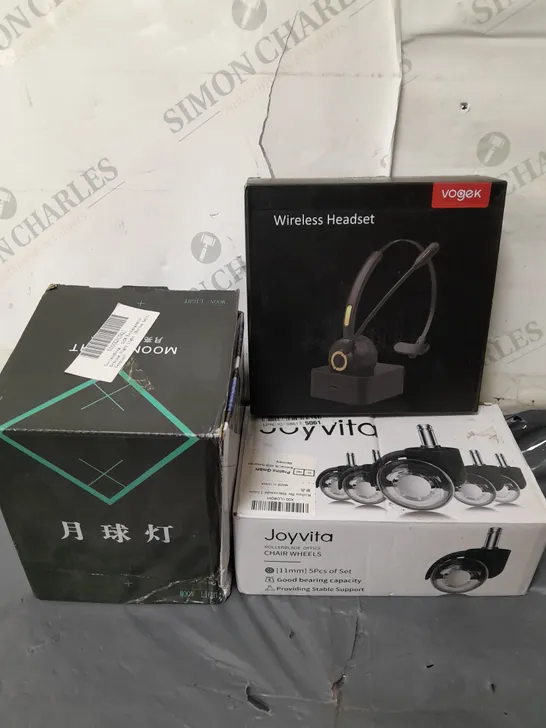 BOX OF ASSORTED ITEMS TO INCLUDE WIRELESS HEADSET - MOON LIGHT - JOYVITA WHEELS / COLLECTION ONLY 