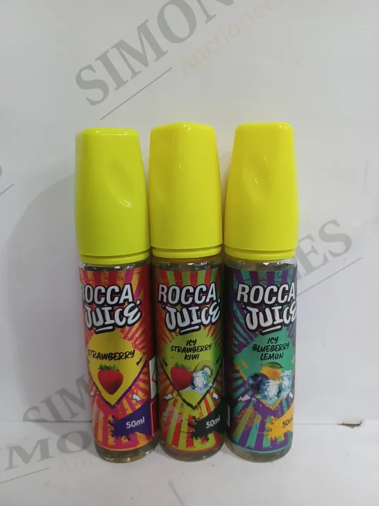 BOX OF APPROX 50 ROCCA JUICE VAPE LIQUID BOTTLES (50ML) IN DIFFERENT FLAVOURS TO INCLUDE - STRAWBERRY - ICY BLUEBERRY LEMON - ICY STRAWBERRY KIWI - COLLECTION ONLY