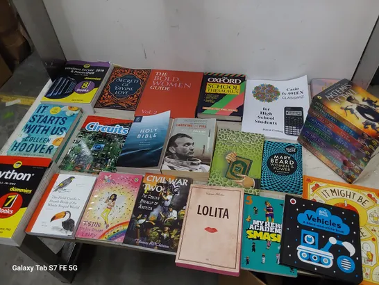 CAGE OF ASSORTED BOOKS, INCLUDING, CHILDREN'S, NOVELS, REFERENCE & TEXT BOOKS