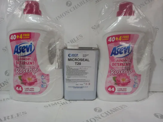 3 ASSORTED LIQUIDS TO INCLUDE ASEVI LAUNDRY DETERGENT, AND ECF MICROSEAL T20