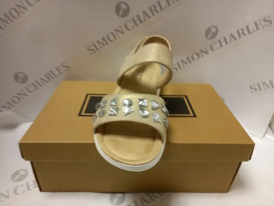 BOXED PAIR OF CUSHION WALK JEWELLED SANDALS, GOLD - SIZE 5