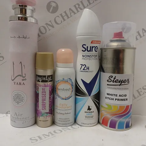 BOX OF APPROX 10 ASSORTED AEROSOLS TO INCLUDE IMPULSE BODY SPRAY, SURE DEODORANT, FEMFRESH DEODORANT, ETC 