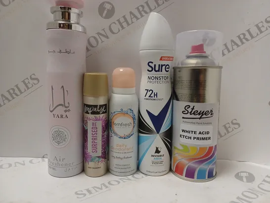 BOX OF APPROX 10 ASSORTED AEROSOLS TO INCLUDE IMPULSE BODY SPRAY, SURE DEODORANT, FEMFRESH DEODORANT, ETC 