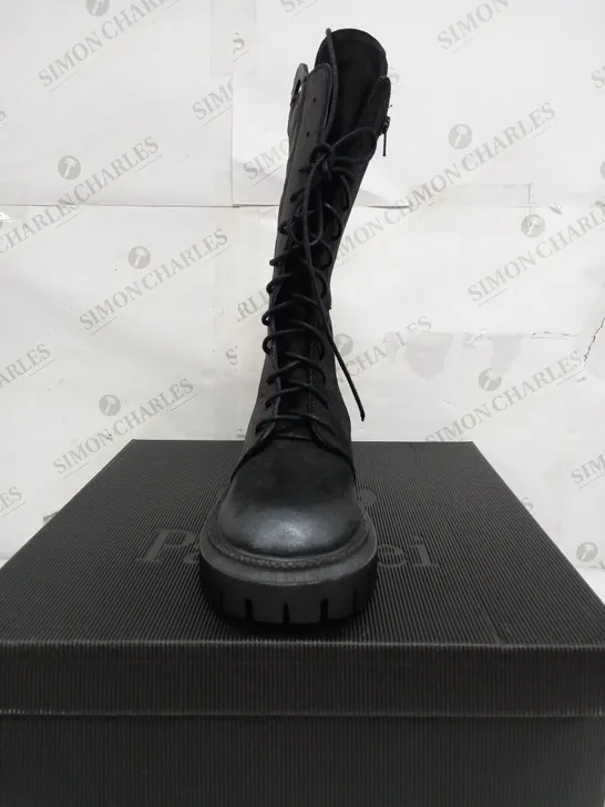 BOXED PAIR OF PAPCEI MAURICE CHAIN EMBOSSED MID BOOT IN BLACK - UK 5