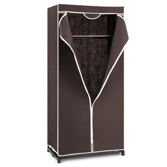 BOXED SINGLE CANVAS WARDROBE WITH DUST-PROOF COVER - COFFEE