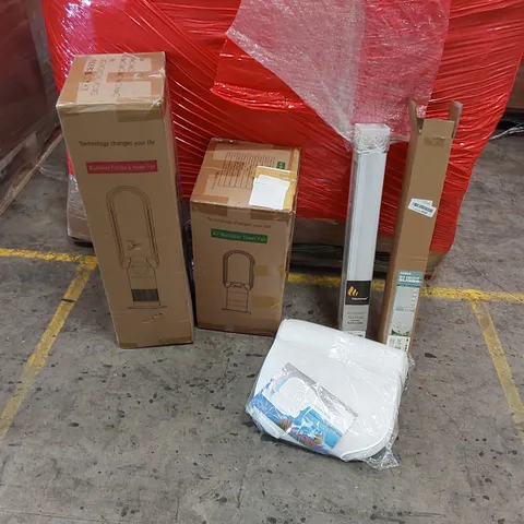 PALLET OF ASSORTED ITEMS INCLUDING: BLADELESS PURIFIER & HEATER FAN, AIR MULTIPLIER FAN, DAY AND NIGHT ROLLER BLIND, BATH CUSHION, WINDOW BLINDS