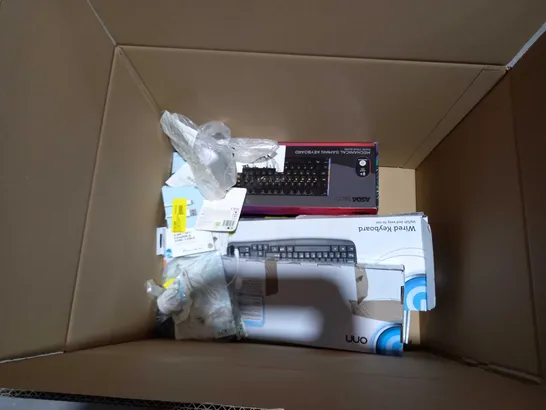 BOX OF APPROXIMATELY 20 ASSORTED ITEMS TO INCLUDE A BIG BUTTON LANDLINE PHONE. INDOOR AERIAL ANTENNA AND A WIRELESS KEYBOARD