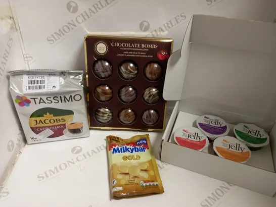 BOX OF APPROX 6 ITEMS TO INCLUDE MILKYBAR BUTTONS, TASSIMO COFFEE PODS AND CHOCOLATE BOMBS