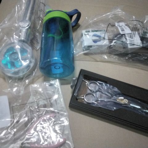 PALLET OF 4 BOXES OF ASSORTED ITEMS INCLUDING DESIGNER CURVED SCISSORS, SHOWER HEAD ATTACHMENT, STAPLER SET, SMALL TWEEZER, BLUE WATER BOTTLE