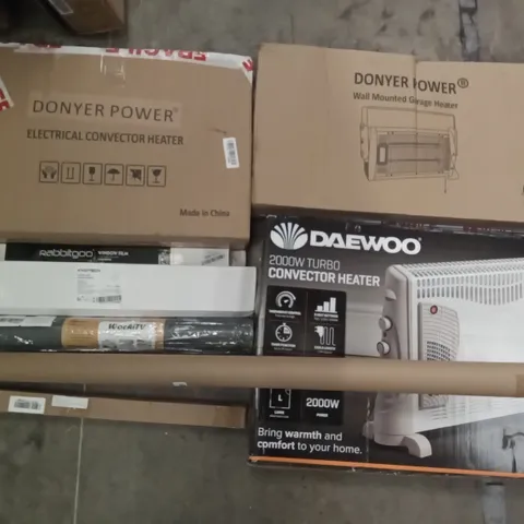 PALLET OF ASSORTED ITEMS INCLUDING DONYER POWER ELECTRICAL CONVECTOR HEATER, DONYER POWER WALL MOUNTED GARAGE HEATER, DAEWOO CONVECTOR HEATER, RABBITGOO WINDOW FILM, KYOTECH CEILING SPOTLIGHT, WOCHITV