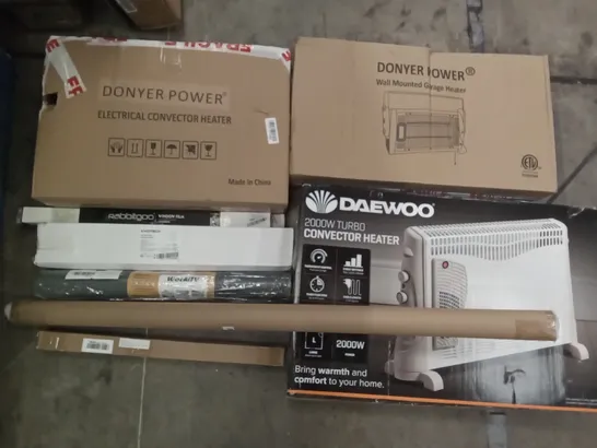 PALLET OF ASSORTED ITEMS INCLUDING DONYER POWER ELECTRICAL CONVECTOR HEATER, DONYER POWER WALL MOUNTED GARAGE HEATER, DAEWOO CONVECTOR HEATER, RABBITGOO WINDOW FILM, KYOTECH CEILING SPOTLIGHT, WOCHITV