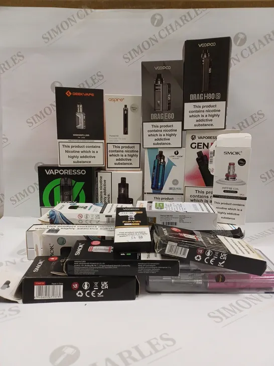 APPROXIMATELY 20 ASSORTED VAPING PRODUCTS AND ACCESSORIES TO INCLUDE GEEKVAPE L200, ASPIRE POCKEX KIT, VAPORESSO LUXE X, LOST VAPE QUEST URSA MINI POD KIT, ETC 