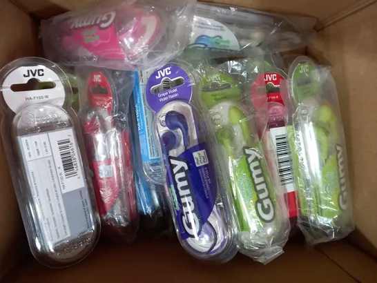 BOX OF APPROXIMATELY 20 ASSORTED JVC GUMY STEREO HEADPHONES IN VARIOUS COLOURS