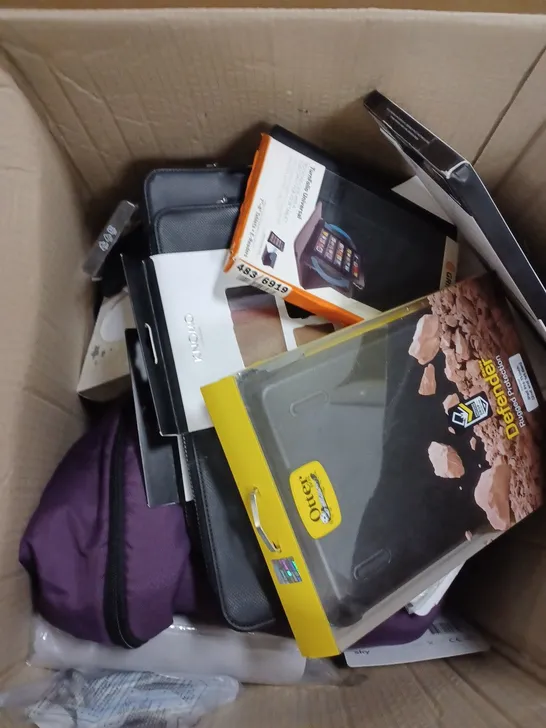 LARGE BOX OF ASSORTED ITEMS TOO INCLUDE IPAD CASES , BOOK COVERS , CHARGERS , TOYS , MICROSOFT PENS , ETC 