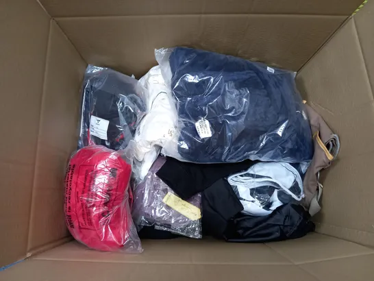 LARGE BOX OF ASSORTED CLOTHING ITEMS IN VARIOUS COLOURS AND SIZES INCLUDING TROUSERS , TOPS AND JUMPERS 