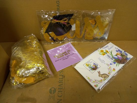 LOT OF APPROXIMATELY 15 PARTY AND CELEBRATION ITEMS TO INCLUDE CARDS, DECORATIONS, STICKERS ETC