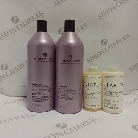 APPROXIMATELY 10 ASSORTED HEALTH AND BEAUTY PRODUCTS TO INCLUDE PUREOLOGY HYDRATE SHAMPOO, OLAPLEX NO 4 BOND MAINTENANCE SHAMPOO, OLAPLEX NO 5 BOND MAINTENANCE CONDITIONER 