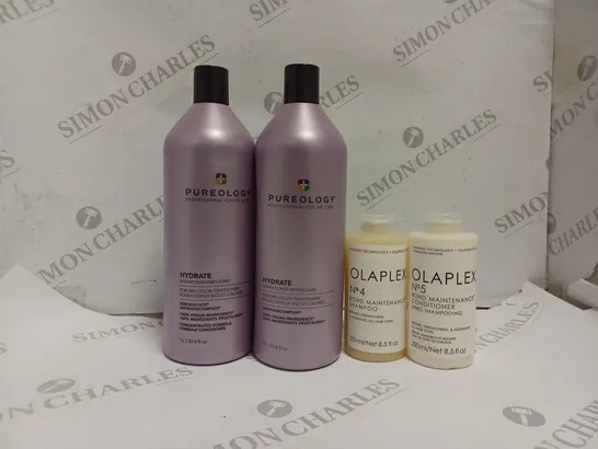 APPROXIMATELY 10 ASSORTED HEALTH AND BEAUTY PRODUCTS TO INCLUDE PUREOLOGY HYDRATE SHAMPOO, OLAPLEX NO 4 BOND MAINTENANCE SHAMPOO, OLAPLEX NO 5 BOND MAINTENANCE CONDITIONER 