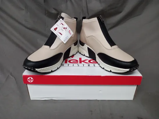 BOXED PAIR OF RIEKER HI TOP TRAINERS IN BEIGE SIZE 6.5