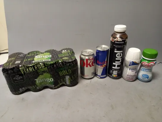 LOT OF APPROXMATELY 8 ITEMS TO INCLUDE  - TANGO APPLE SUAGR FREE, HUEL CHOCOLATE, AND REDBULL ETC. 