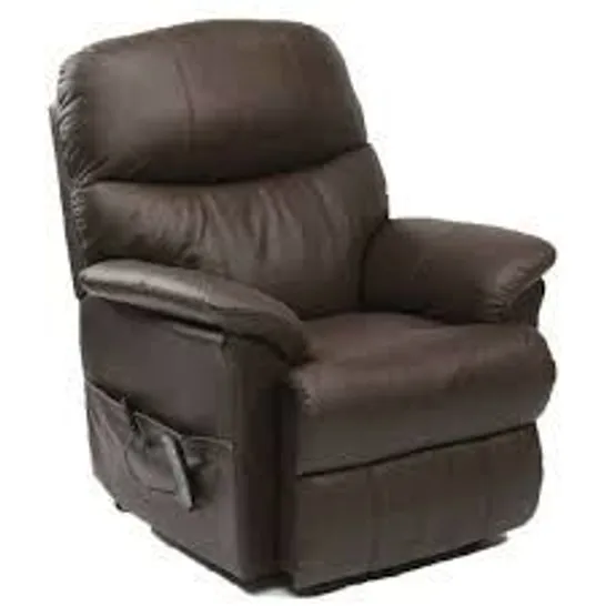 BOXED DESIGNER BROWN DUAL RISE LEATHER RECLINER CHAIR (2 BOXES, COMPLETE)