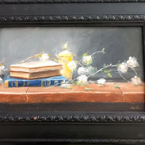 FRAMED AND SIGNED PAINTING DEPICTING BURNING CANDLE