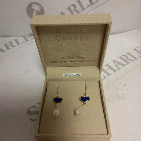 BOXED SILVER CHERRY LAPIS PEARL DROP EARRINGS 