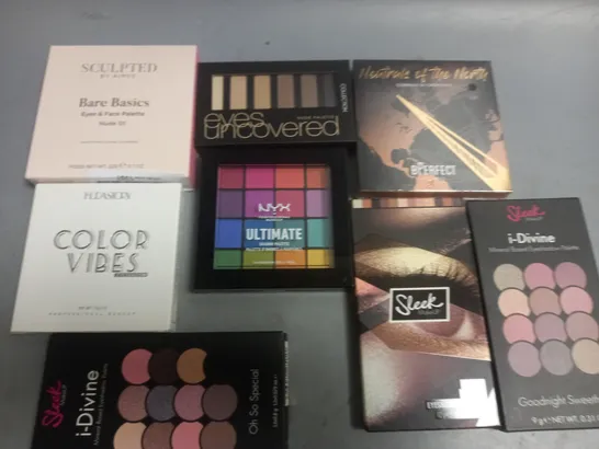 LOT OF 8 ASSORTED EYE SHADOW PALETTES TO INCLUDE NYX, SCULPTED BY AIMEE AND HUDASTORY