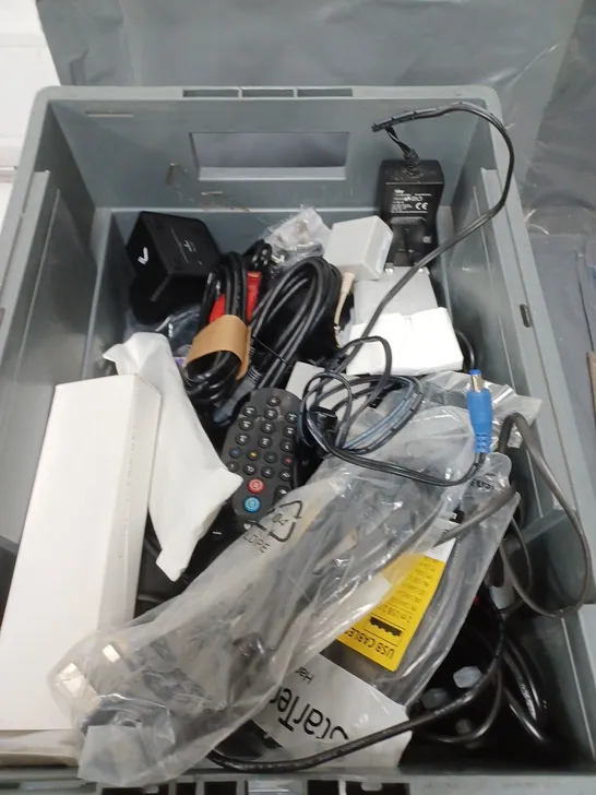 BOX OF APPROXIMATELY 15 ASSORTED ELECTRICXAL ITEMS TO INCLUDE REMOTE CONTROLS , CABLES AND PLUGS