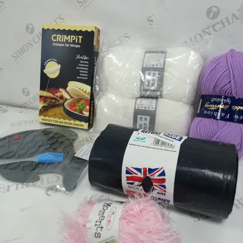 BOX OF APPROXIMATELY 10 ASSORTED ITEMS TO INCLUDE - YARN, 50 HEAVY DUTY BIN BAGS, CRIMPIT ETC
