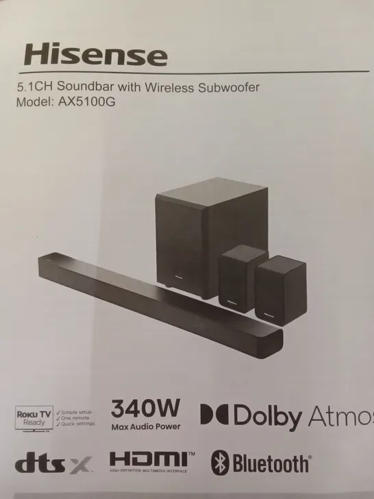 BOXED HISENSE 5.1CH SOUNDBAR WITHWIRELESS SUBWOOFER MODEL: AX5100G