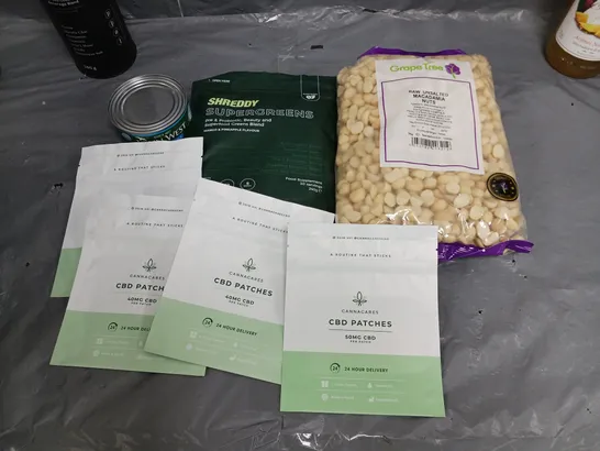 APPROXIMATELY 8 ASSORTED FOOD ITEMS TO INCLUDE SUPERGREENS BY SHREDDY, MONIN PINEAPPLE, MANUKAPHARM 70 MGO, AND CANNACARE CBD PATCHES 50MG ETC.