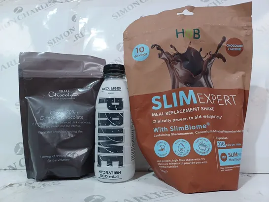 APPROXIMATELY 5 ASSORTED FOOD & DRINK ITEMS TO INCLUDE SLIM EXPERT MEAL REPLACEMENT SHAKE, PRIME HYDRATION META MOON FLAVOUR, HOTEL CHOCOLAT CLASSIC 70% DRINKING CHOCOLATE, ETC