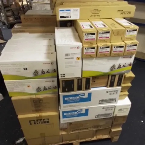 PALLET OF APPROXIMATELY 80 ASSORTED REPLACEMENT PRINTER CATRRIDGES TO INCLUDE XEROX, PANASONIC, KATUN, KYOCERA, BROTHER 