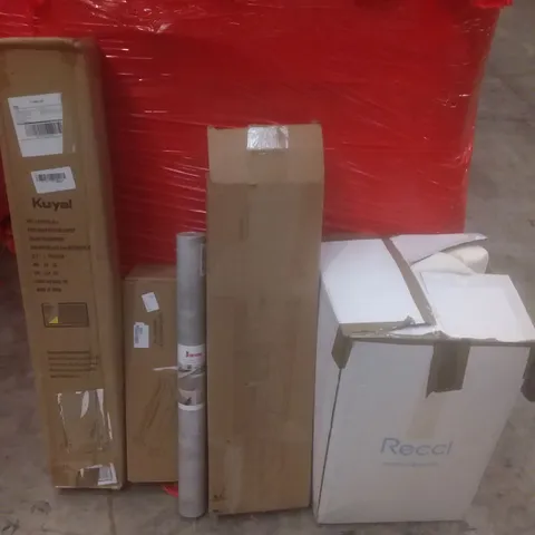 PALLET OF ASSORTED ITEMS INCLUDING CHAIR MAT FOR CARPET, LAMINATOR, WALLPAPER, BATHTUB WIRE TRAY