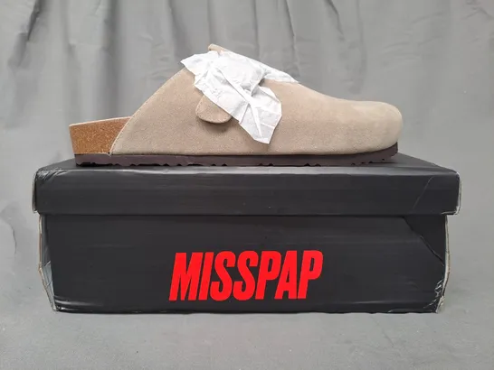 BOXED PAIR OF MISSPAP FAUX SUEDE BUCKLE CLOGS IN BEIGE SIZE 6