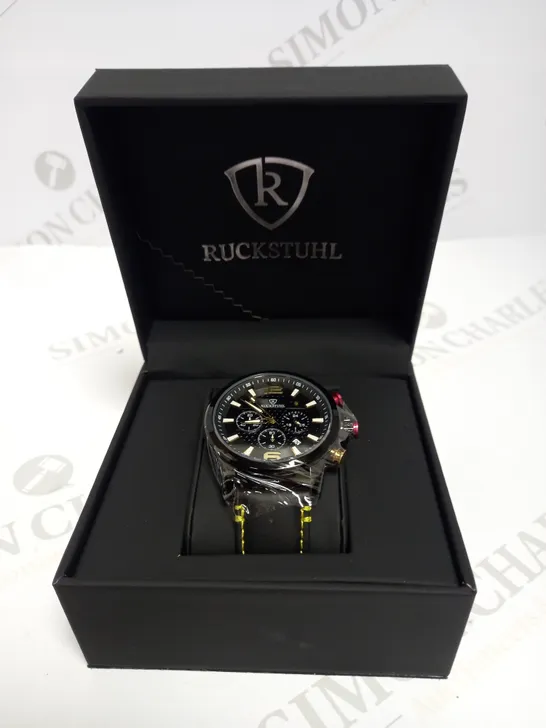 MEN’S RUCKSTUHL CHRONOGRAPH WATCH – MODEL R120 – BLACK MULTI-FUNCTION DIAL – BLACK GENUINE LEATHER STRAP – 3ATM WATER RESISTANT