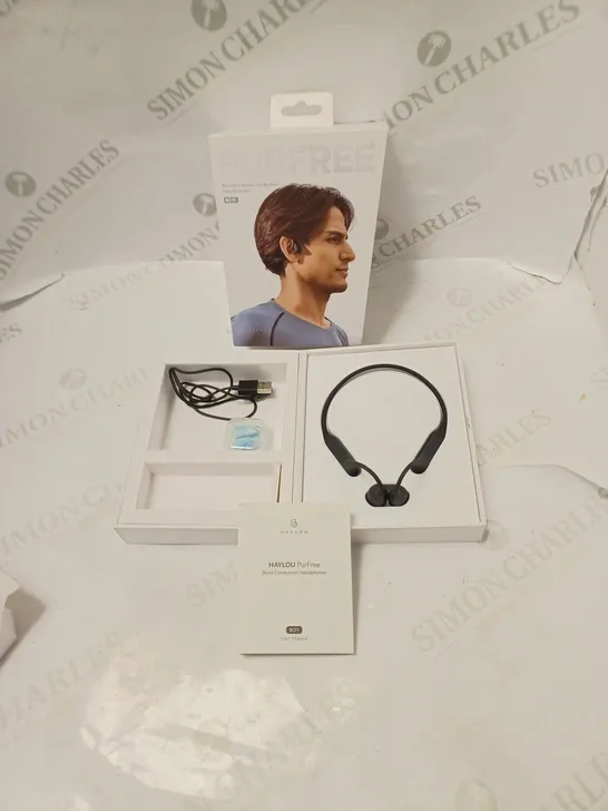 BOXED HAYLOU PURFREE WIRELESS BONE CONDUCTION HEADPHONES WITH USB CABLE, ACCESSORIES AND INSTRUCTIONS