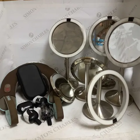 LOT OF 11 ASSORTED HOUSEHOLD ITEMS, TO INCLUDE MIRRORS, PHONE SANITISER, EARPHONES & NECK MASSAGER