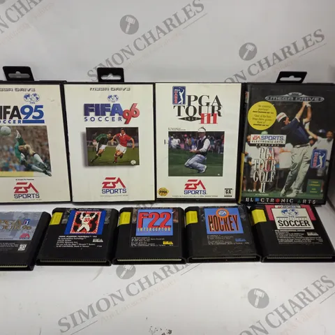 9 X ASSORTED SEGA RETRO VIDEO GAMES TO INCLUDE FIFA 95, PGA TOUR GOLF III, FIFA INTERNATIONAL SOCCER ETC
