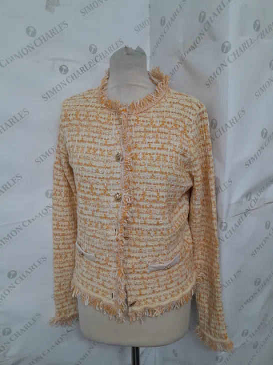 MANGO CARDIGAN IN YELLOW AND ORANGE WITH GOLD BUTTONS SIZE M
