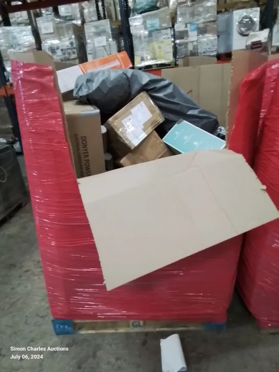 PALLET OF ASSORTED HOUSEHOLD ITEMS AND CONSUMER PRODUCTS TO INCLUDE; ELECTRICAL CONVECTOR HEATER, FOOT MASSAGER, VARIOUS OTHER ITEMS