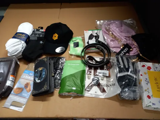 LOT OF ASSORTED CLOTHING ACCESSORIES TO INCLUDE SOCKS, BAGS AND BELTS